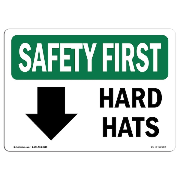 OSHA Sign, Hard Hats W/ Down Arrow W/ Symbol, 10in X 7in Aluminum, 10" W, 7" H, Landscape